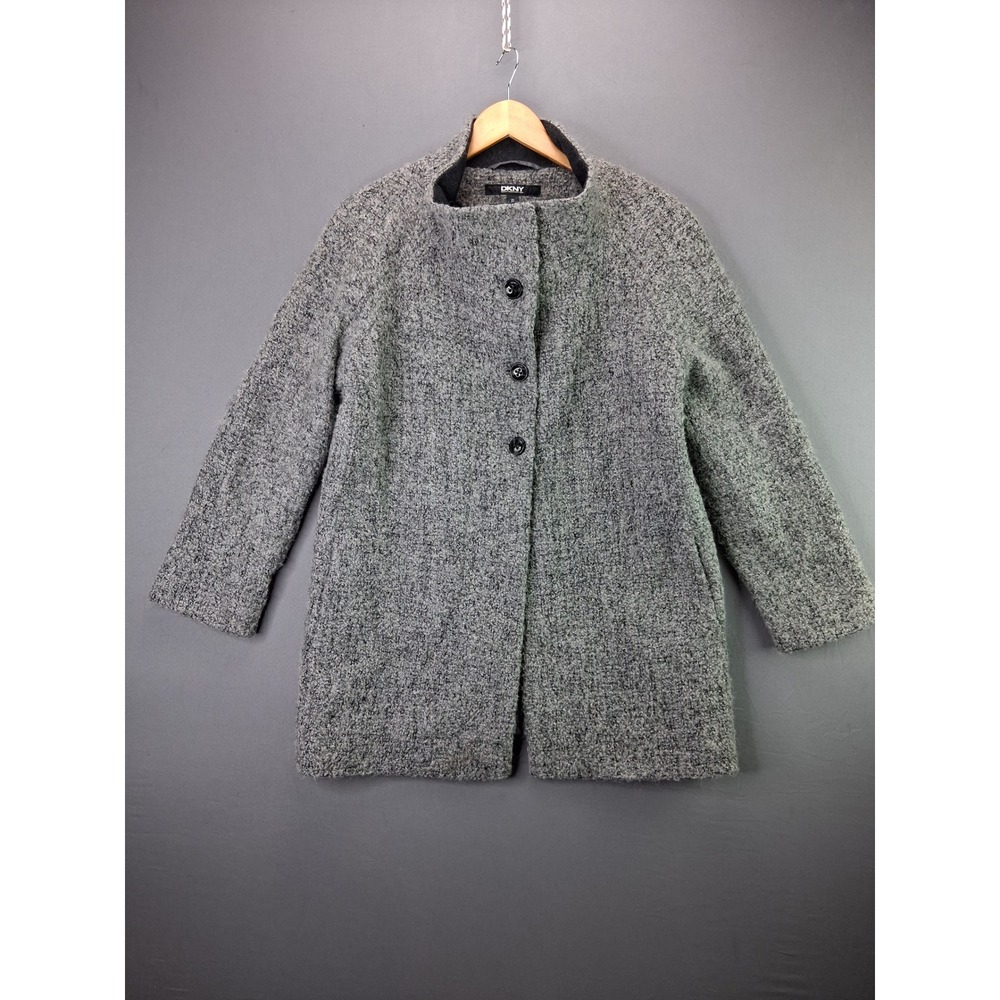 DKNY Wool Coat Tweed Funnel Neck Jacket 8 Gray Boucle Button Up Mid Length